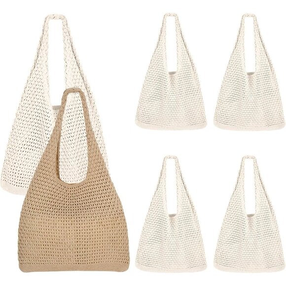 6 Pcs Beige & Brown Crochet Tote Bags for WomenBeach, Travel & ShoppingElegant